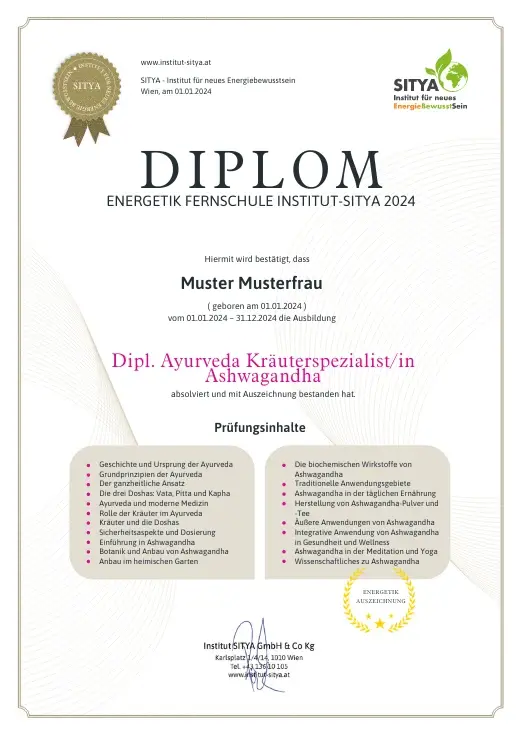 Musterdiplom für Dipl. Ayurveda Kräuterspezialistin Ashwagandha