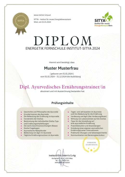 Musterdiplom für Dipl. Ayurvedisches Ernährungstraining