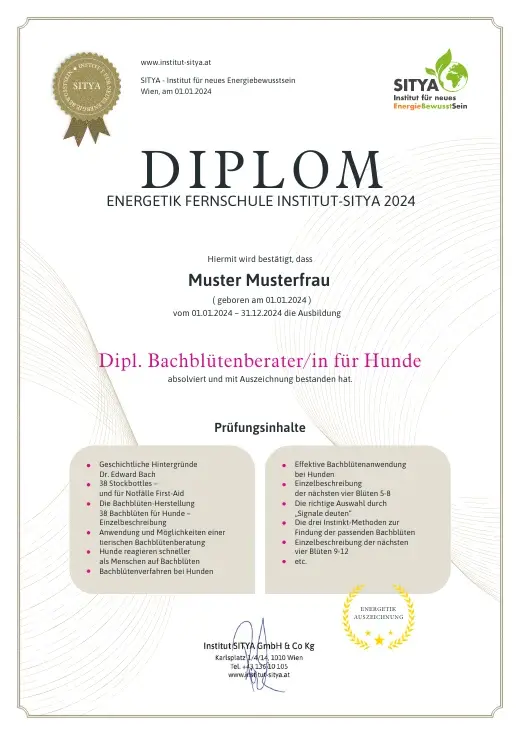 Musterdiplom für Dipl. Bachblütenberatung für Hunde